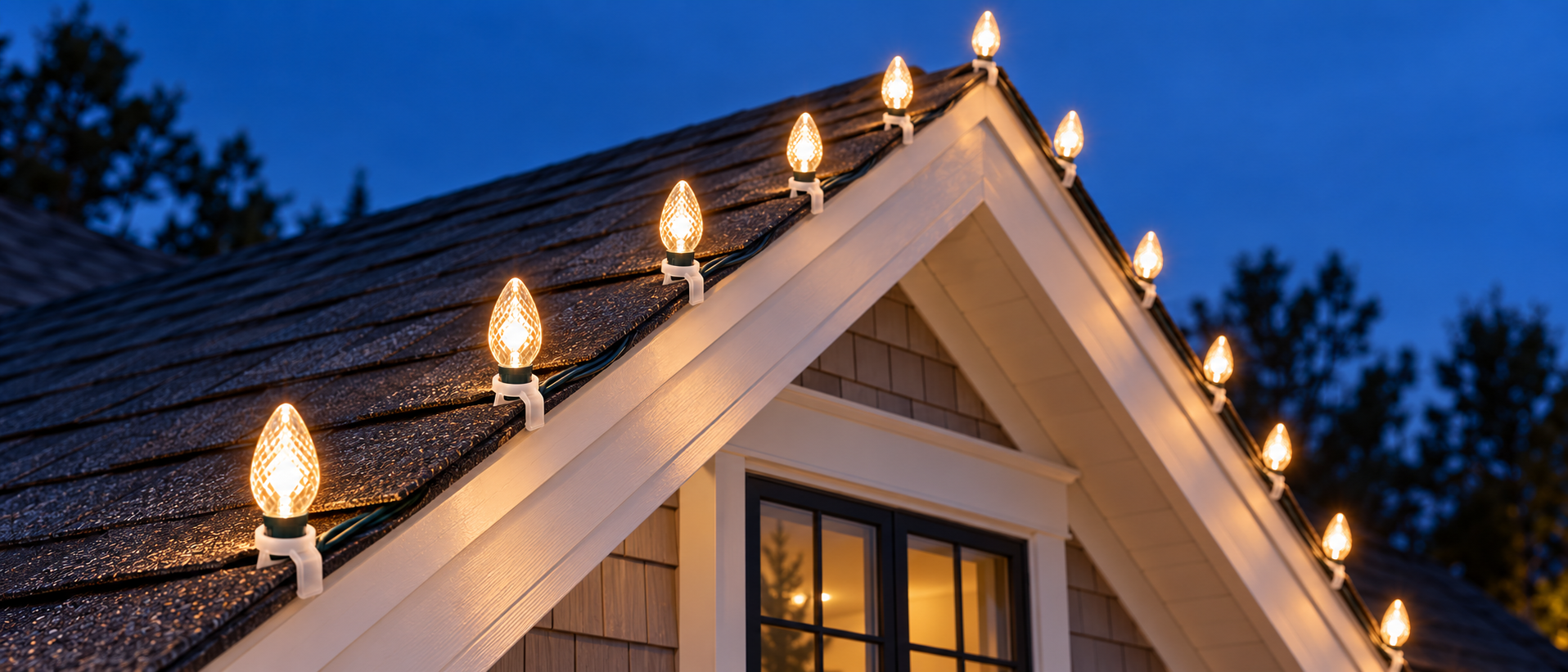 Warm white C9 Christmas bulbs held upright with white shingle clips along the sloped edges of a dormer at dusk