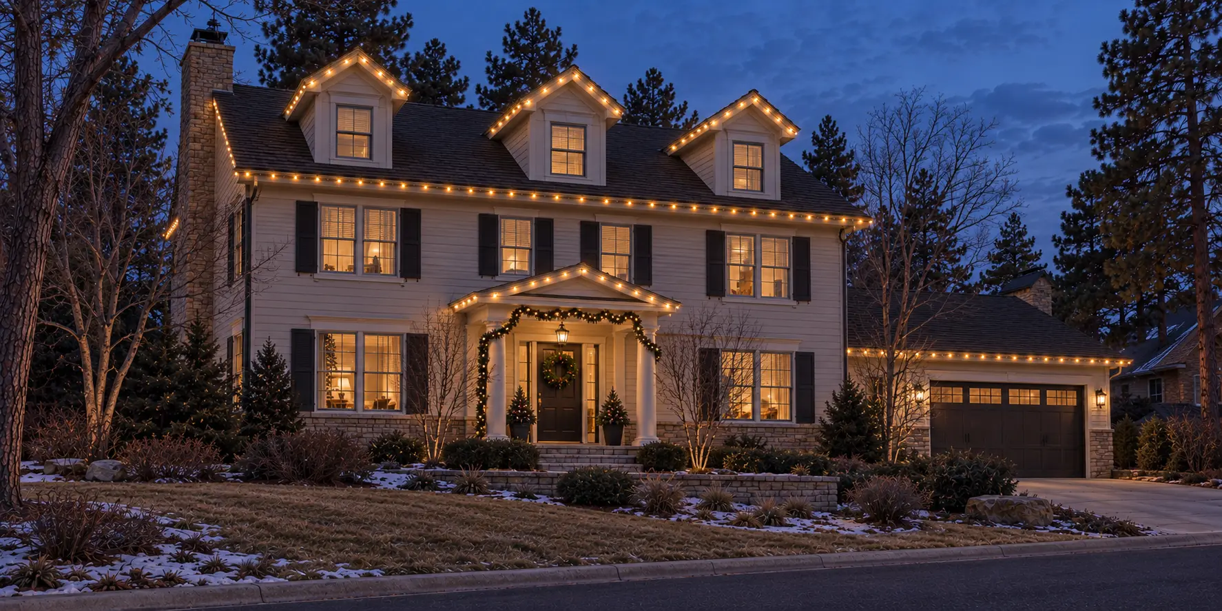 Design concept showing warm white custom Christmas lights on a two-story home with dormers